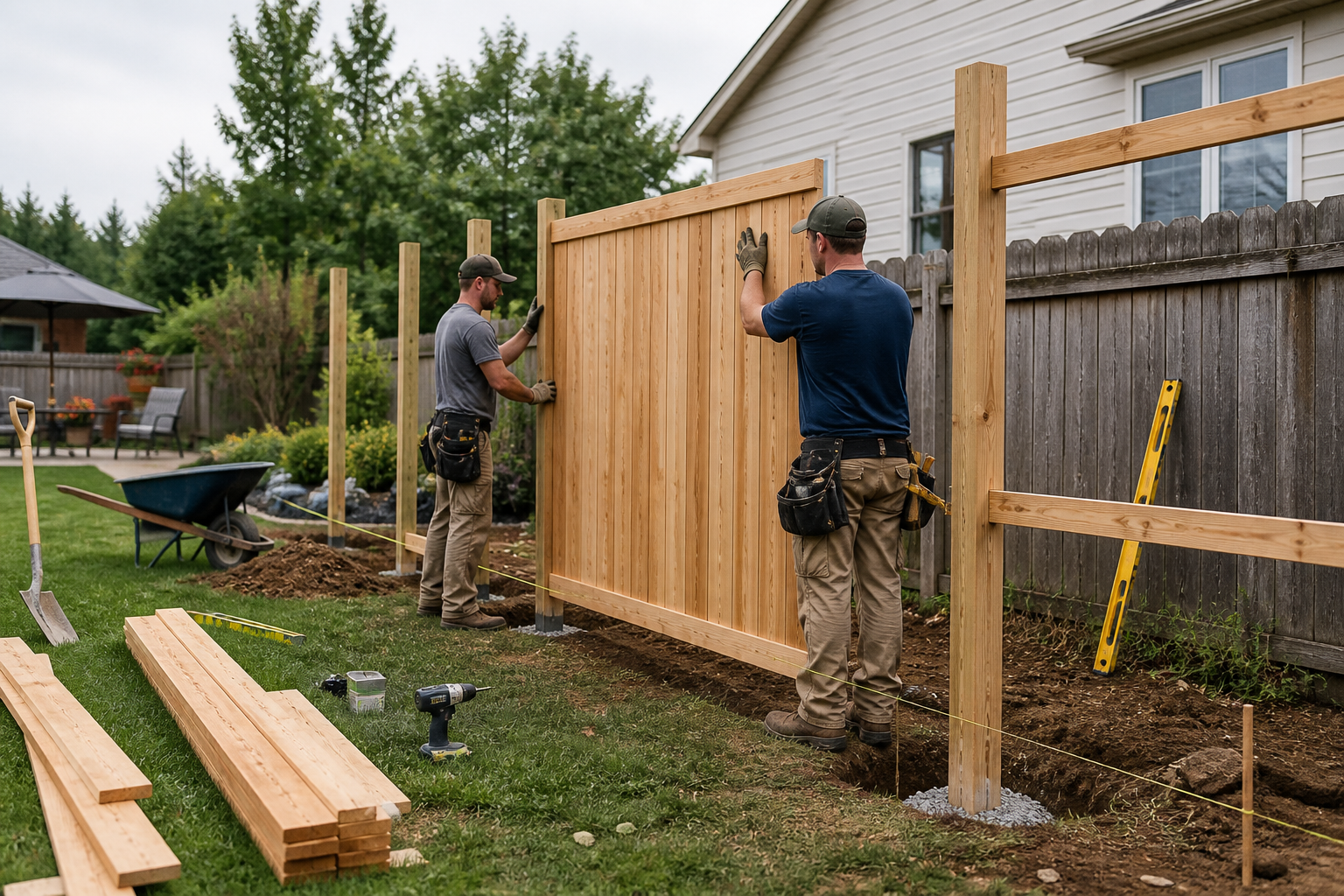 Fence installers building a cedar privacy fence in a residential backyard