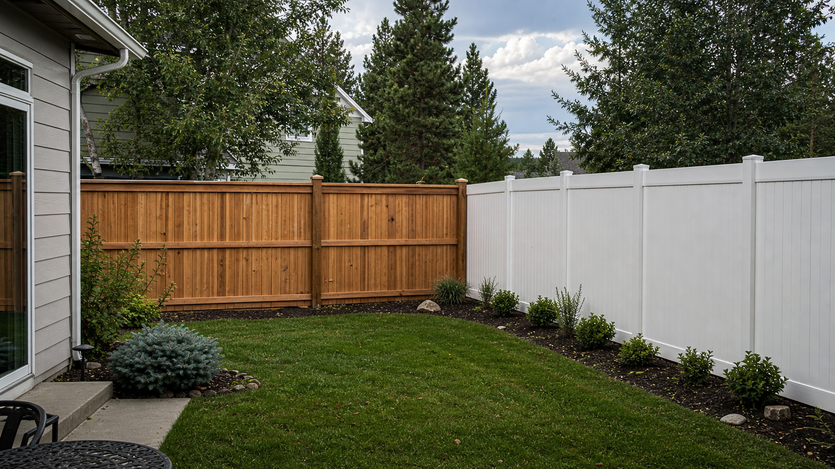 A Spokane backyard with cedar wood fencing and white vinyl privacy fencing